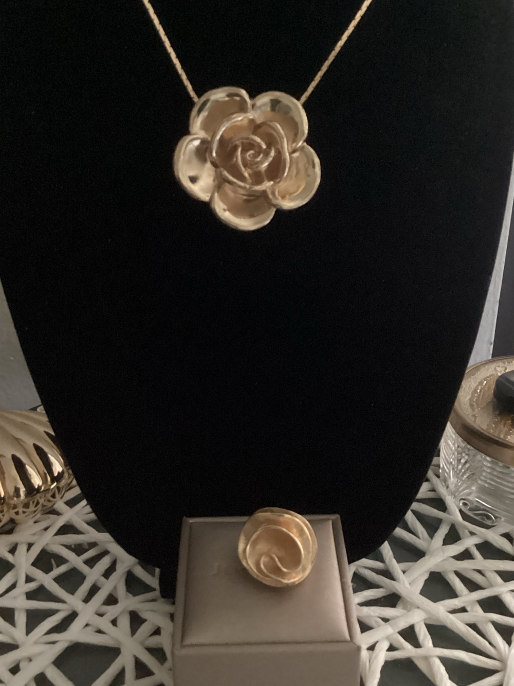 Gold Floral Pendant Necklace and Ring Set
